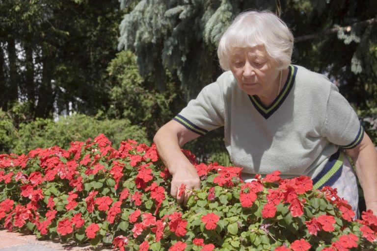 woman checking on her flowers