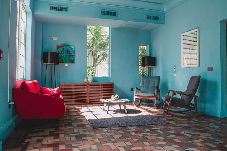 living room with blue walls