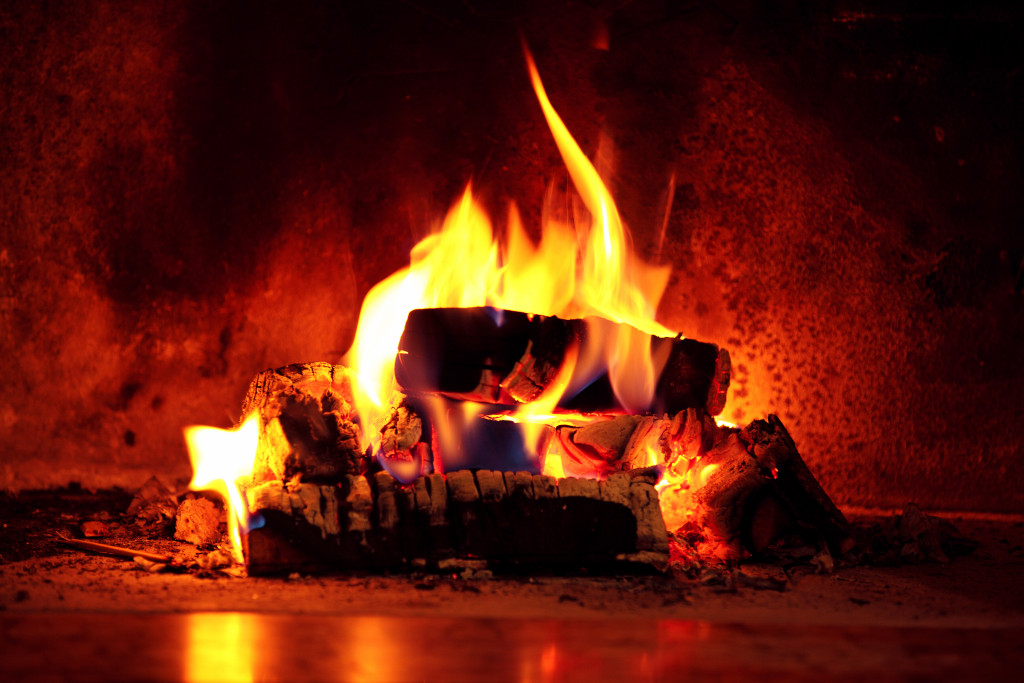 closeup shot fireplace with burning firewood